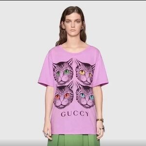 Gucci Pink Short Sleeve Tee with Cat Print NWT